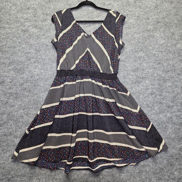 American Rag Dress Womens Large Dot Stripe Geometric V Neck Cap Sleeve - Picture 1 of 6